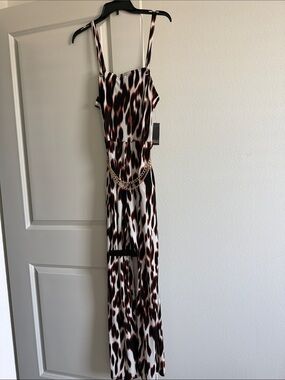 Animal Print Sleeveless Jumpsuit with Gold Chain